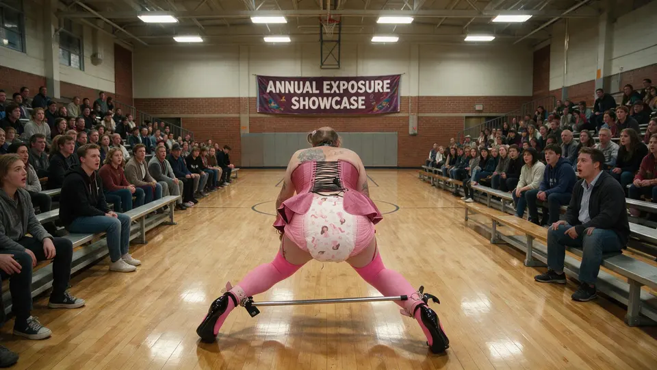 A person in a pink costume poses wide-legged on a gym floor while an audience watches from bleachers.
