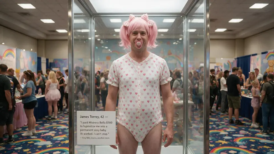 A person in a pink wig and heart-print onesie stands inside a glass display case at a busy indoor gathering.