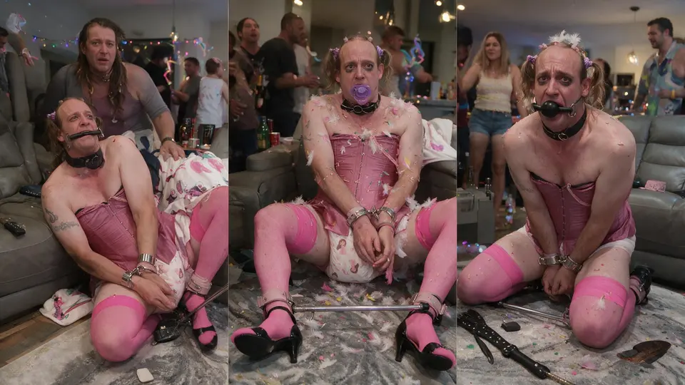 A three-panel collage shows a person in a pink corset outfit and restraint posing on a couch and floor at a party.