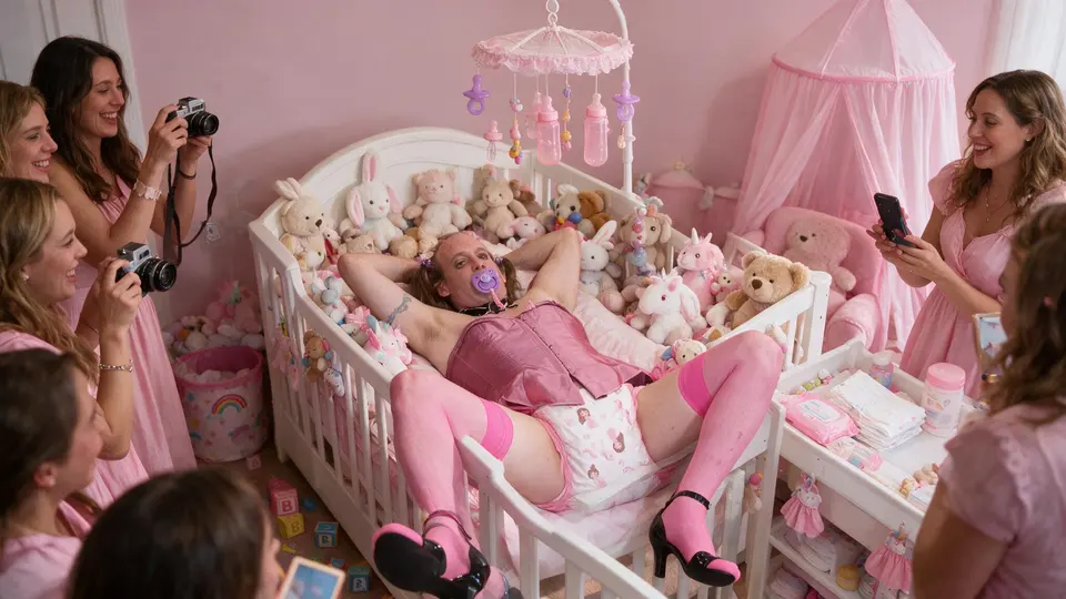 A man in pink lingerie lies in a stuffed-animal-filled crib as women photograph him.