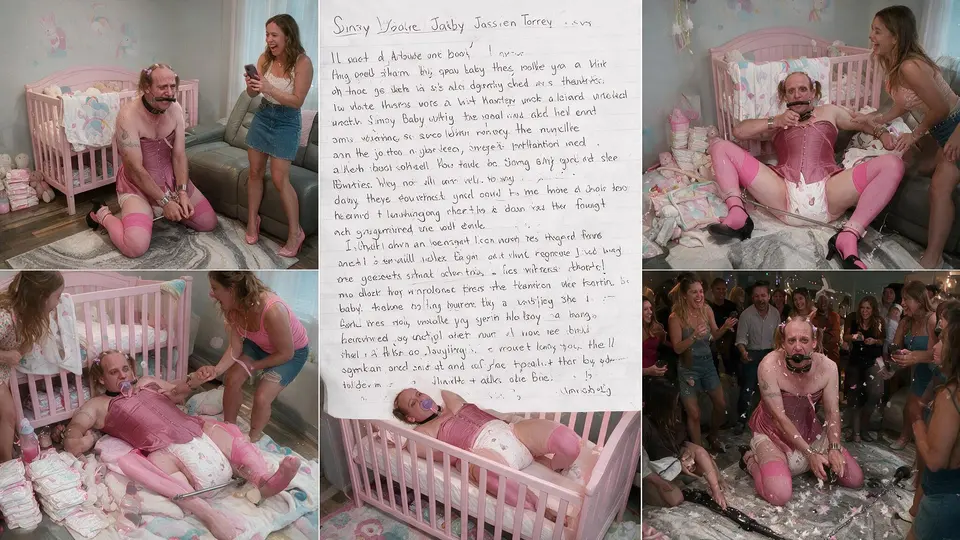 A six-panel collage mixes nursery scenes, a handwritten page, and a crowd-covered party moment.