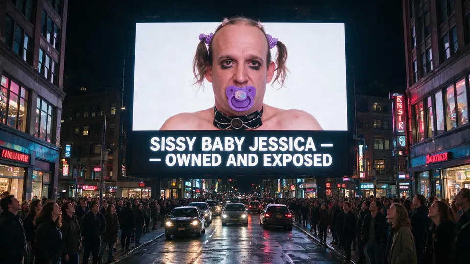 Night street scene with a giant billboard showing a person with a pacifier above a crowd and passing cars.
