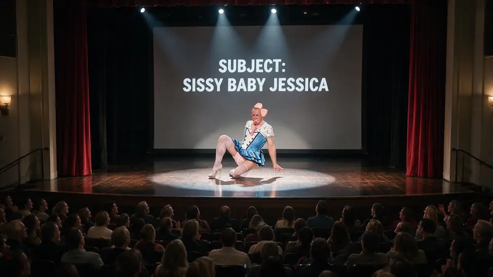 Stage performance with a seated performer under a spotlight and a projected title behind them.
