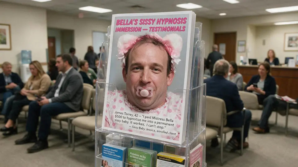 A brochure rack with a pink-topped flyer stands in front of seated people in a fluorescent-lit waiting area.