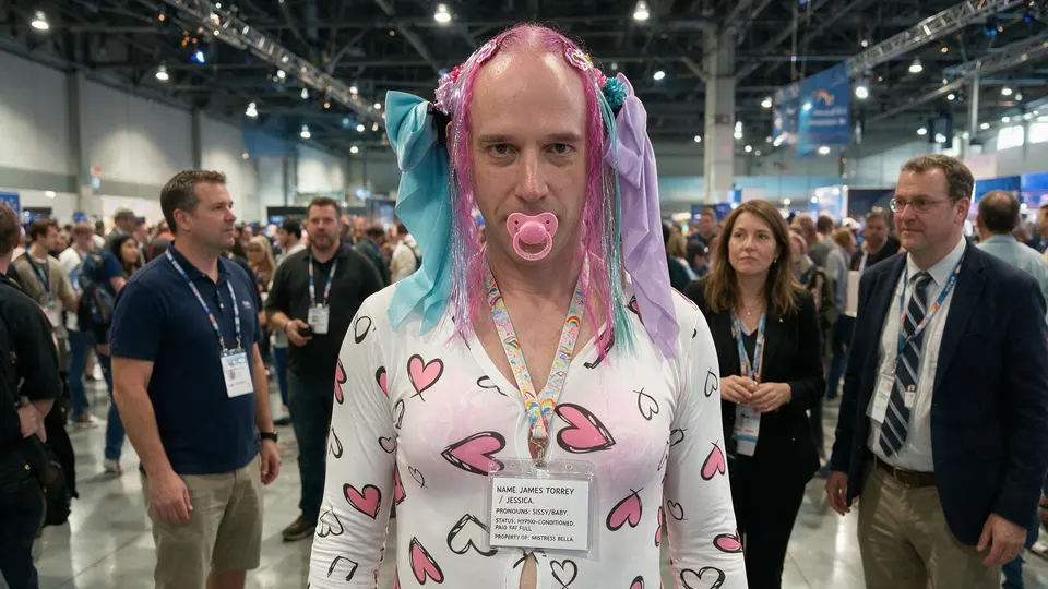 A person in a heart-print outfit with pastel ribbons and a pacifier stands in a crowded convention hall.