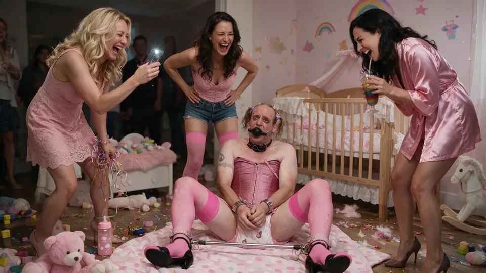 Three women laugh around a seated person in pink lingerie in a nursery-themed room with a crib and toys.