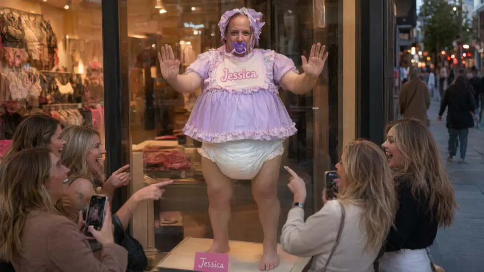 A person in a lavender baby-doll dress and bonnet stands in a shop window while women on the sidewalk react and take photos.