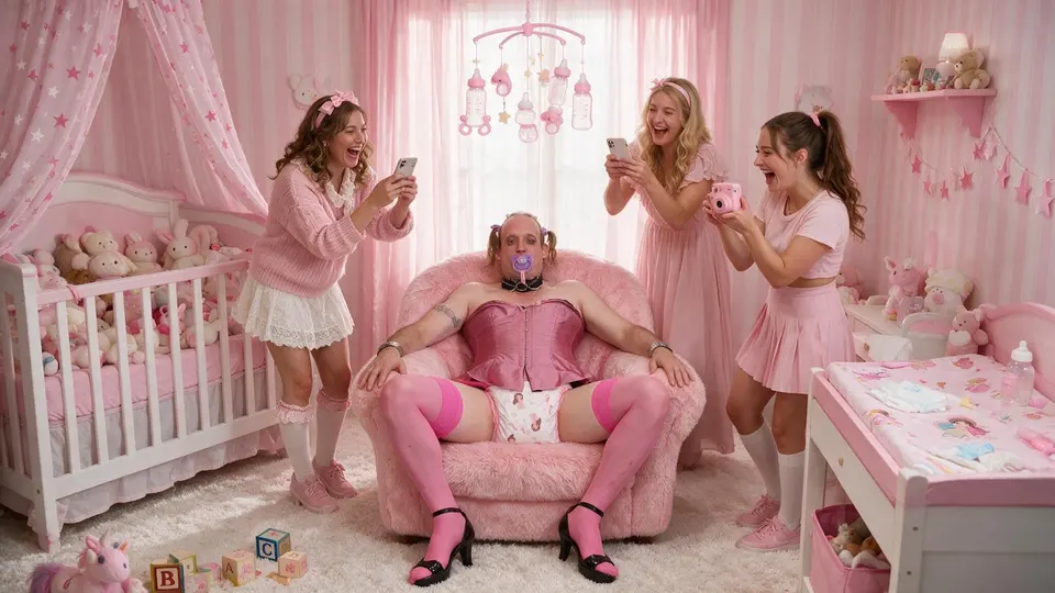 A person in pink lingerie sits in a fluffy chair while three women photograph them in a pastel nursery room.